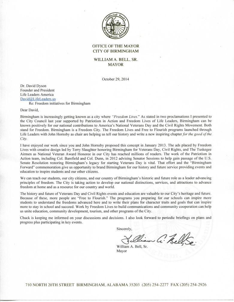 Mayor Bell Endorsement Letter 2014 – Life Leaders Institute & Ranch